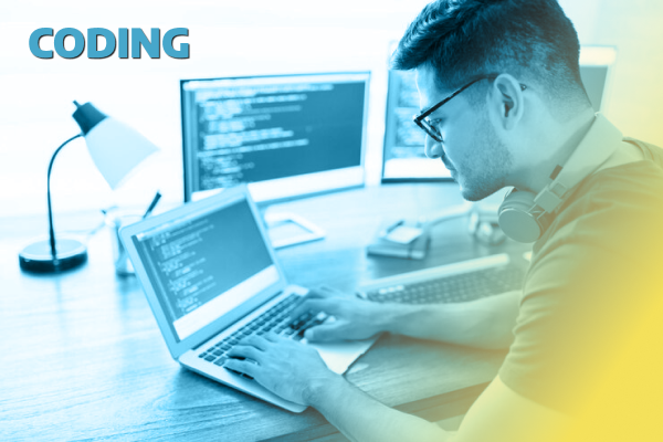 Coding course image with code editors, laptops, or students learning to program.