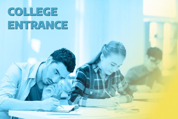 College entrance exam prep image with older students, college brochures, or standardized test forms.