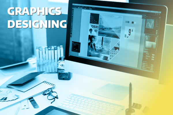 Graphics designing workspace image with design software, color palettes, or creative tools.