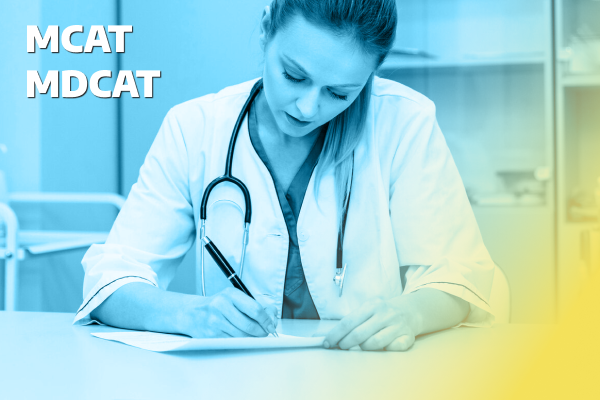 MCAT or MDCAT exam preparation image with biology books, chemistry formulas, or medical study themes.