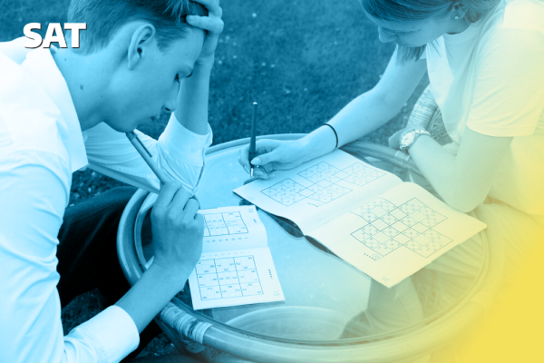 SAT preparation image with test papers, students studying, or college admission visuals.
