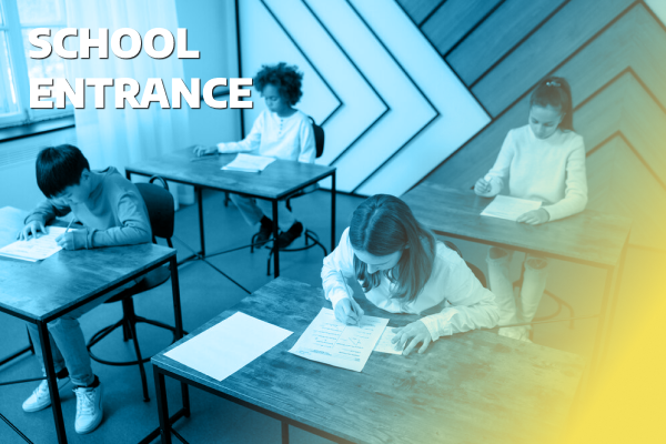 School entrance exam preparation image with young students, study materials, or test practice visuals.